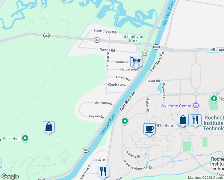 map of restaurants, bars, coffee shops, grocery stores, and more near 19 Chester Avenue in Rochester