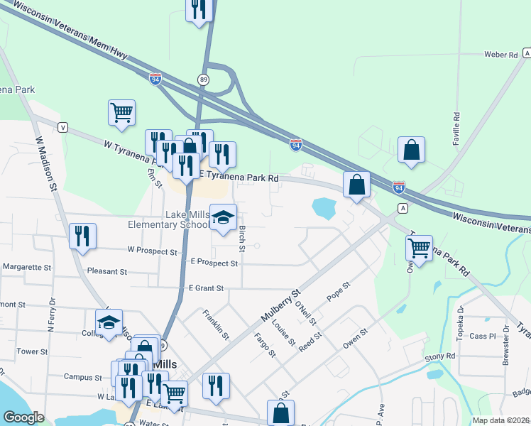map of restaurants, bars, coffee shops, grocery stores, and more near 225 Prairie Avenue in Lake Mills