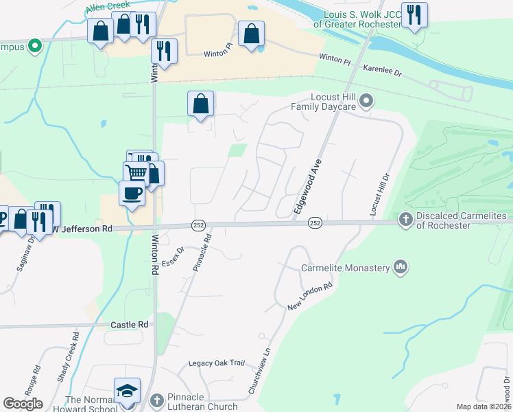 map of restaurants, bars, coffee shops, grocery stores, and more near 52 Surrey Hill Way in Rochester