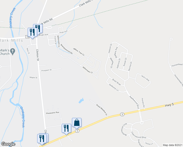 map of restaurants, bars, coffee shops, grocery stores, and more near 90 Millstream Court in Clinton