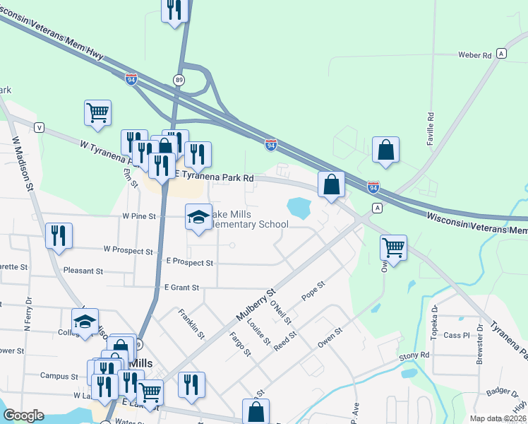 map of restaurants, bars, coffee shops, grocery stores, and more near 711 Cherokee Path in Lake Mills