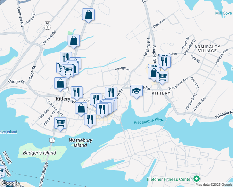 map of restaurants, bars, coffee shops, grocery stores, and more near 4 Central Avenue in Kittery