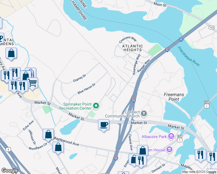 map of restaurants, bars, coffee shops, grocery stores, and more near 102 Spinnaker Way in Portsmouth