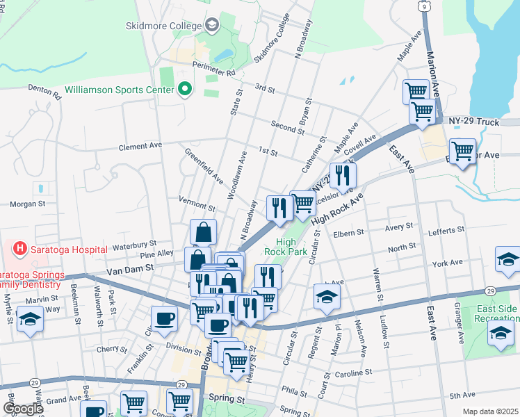 map of restaurants, bars, coffee shops, grocery stores, and more near 604 North Broadway in Saratoga Springs