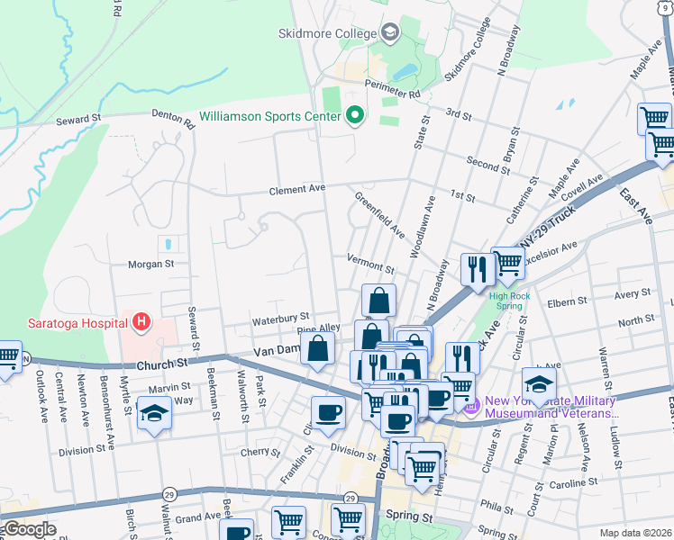 map of restaurants, bars, coffee shops, grocery stores, and more near 159 Clinton Street in Saratoga Springs