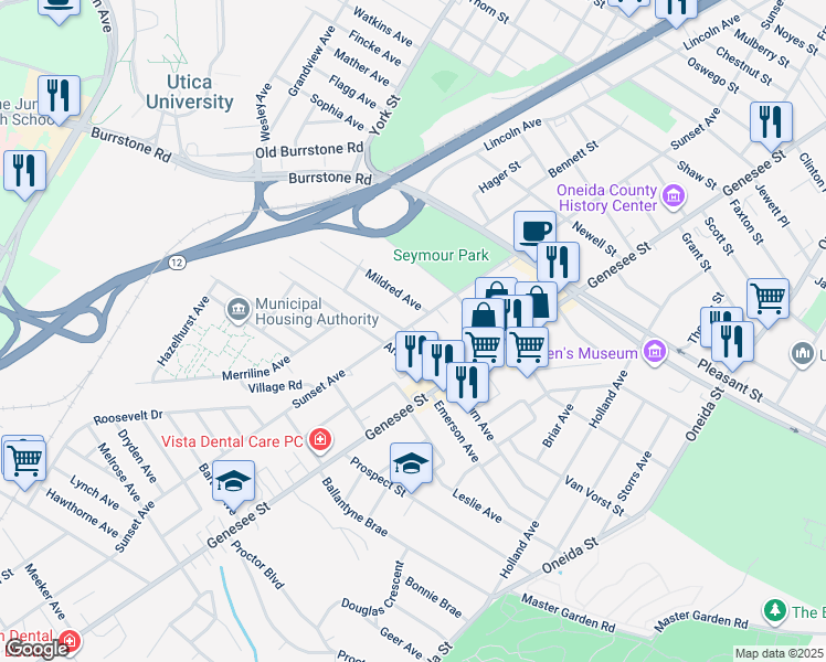 map of restaurants, bars, coffee shops, grocery stores, and more near 26 1/2 Arnold Avenue in Utica