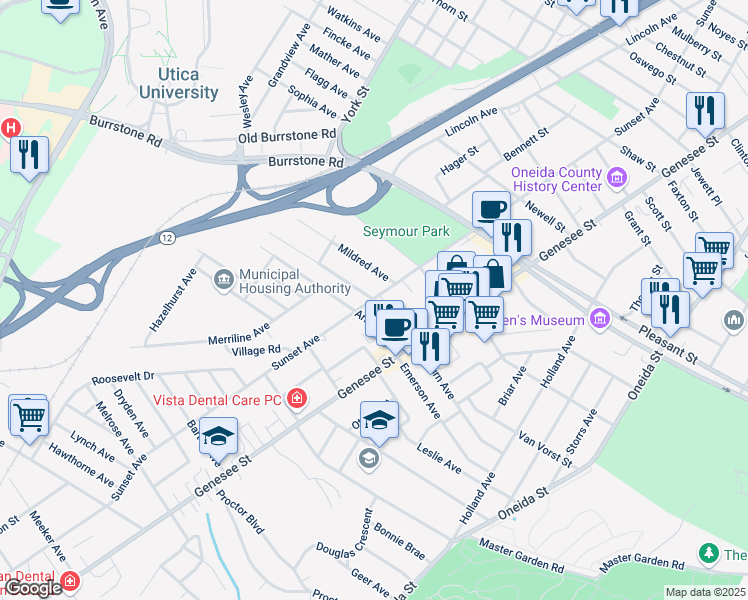 map of restaurants, bars, coffee shops, grocery stores, and more near 26 1/2 Arnold Avenue in Utica