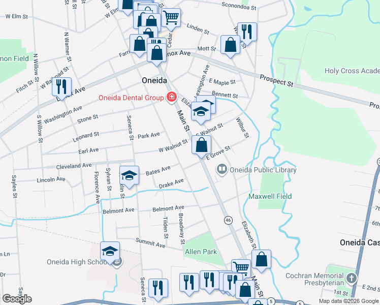 map of restaurants, bars, coffee shops, grocery stores, and more near 116 West Grove Street in Oneida