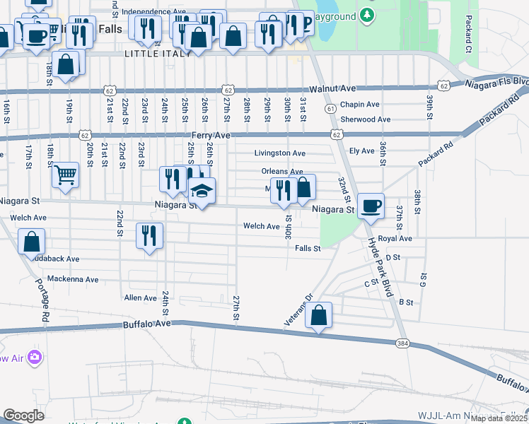 map of restaurants, bars, coffee shops, grocery stores, and more near 2734 Welch Avenue in Niagara Falls