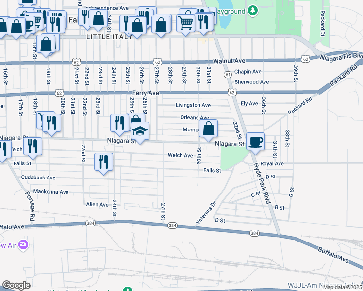 map of restaurants, bars, coffee shops, grocery stores, and more near 2734 Welch Avenue in Niagara Falls