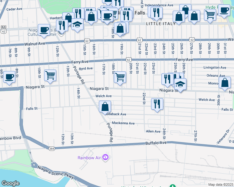 map of restaurants, bars, coffee shops, grocery stores, and more near 1793 Welch Avenue in Niagara Falls