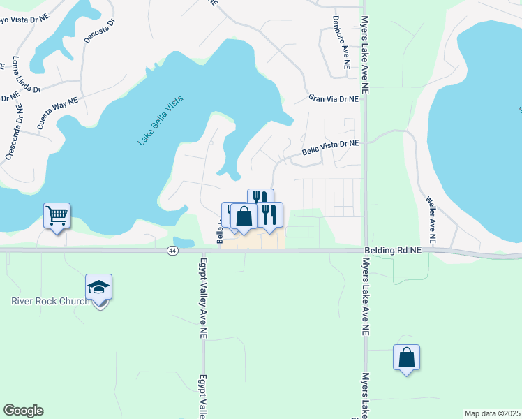 map of restaurants, bars, coffee shops, grocery stores, and more near 6581 Belding Road Northeast in Rockford