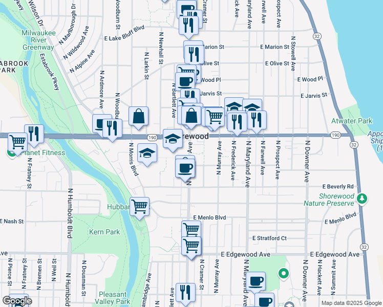 map of restaurants, bars, coffee shops, grocery stores, and more near 1701 East Capitol Drive in Shorewood