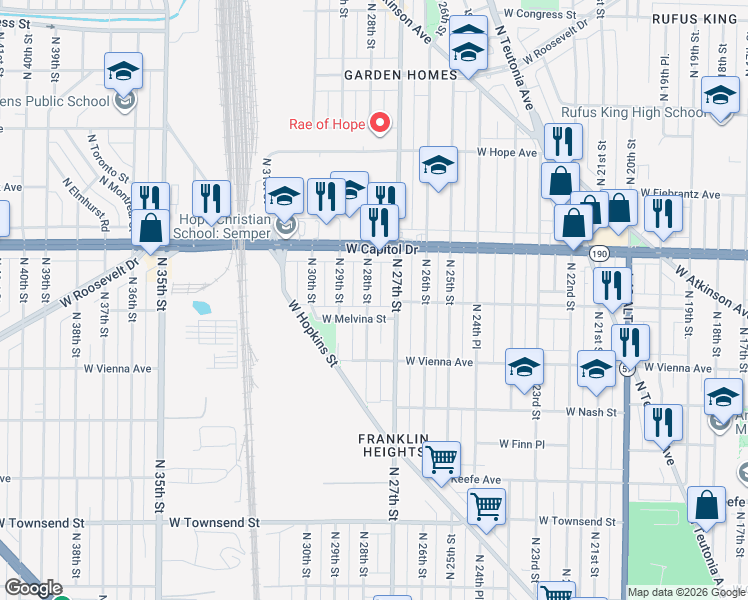 map of restaurants, bars, coffee shops, grocery stores, and more near 2728 West Melvina Street in Milwaukee