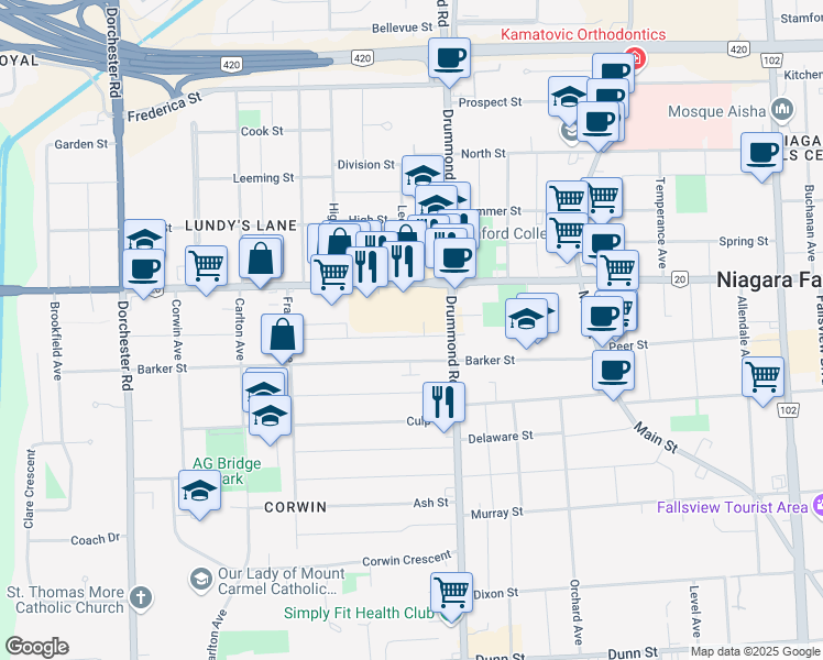 map of restaurants, bars, coffee shops, grocery stores, and more near 6295 Ker Street in Niagara Falls