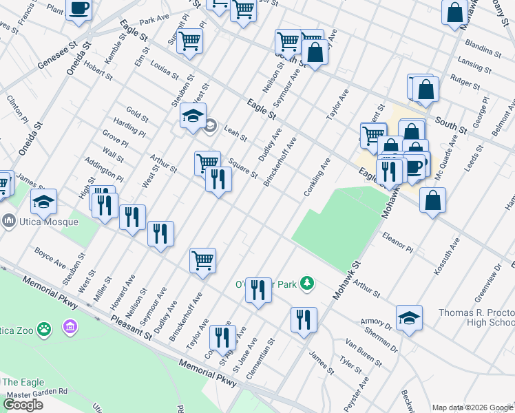 map of restaurants, bars, coffee shops, grocery stores, and more near 1501 Brinckerhoff Avenue in Utica
