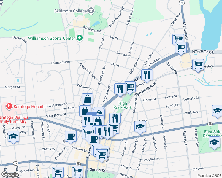 map of restaurants, bars, coffee shops, grocery stores, and more near 604 North Broadway in Saratoga Springs