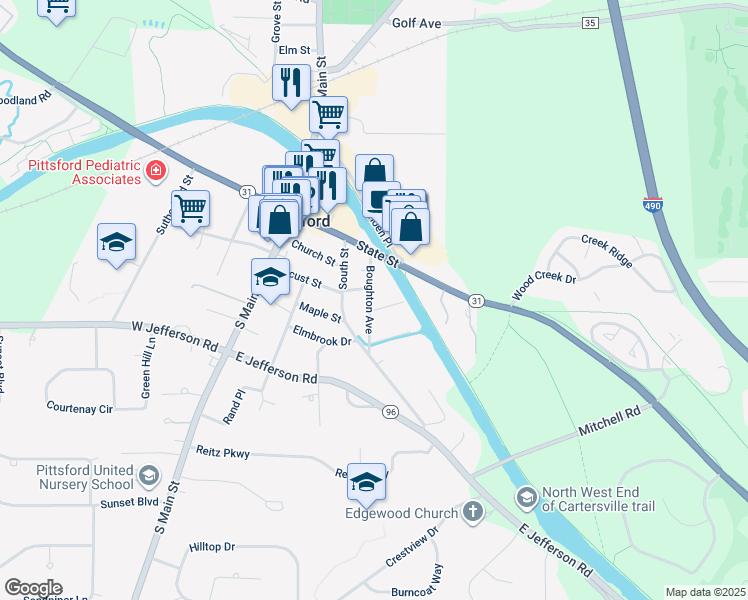 map of restaurants, bars, coffee shops, grocery stores, and more near 20 Boughton Avenue in Pittsford