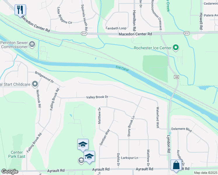 map of restaurants, bars, coffee shops, grocery stores, and more near 34 Valley Brook Drive in Fairport