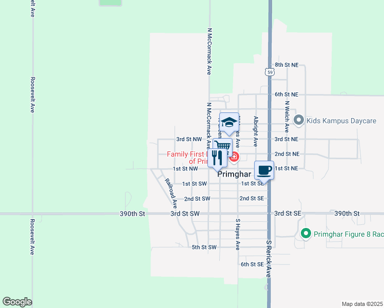 map of restaurants, bars, coffee shops, grocery stores, and more near North Inman Avenue in Primghar