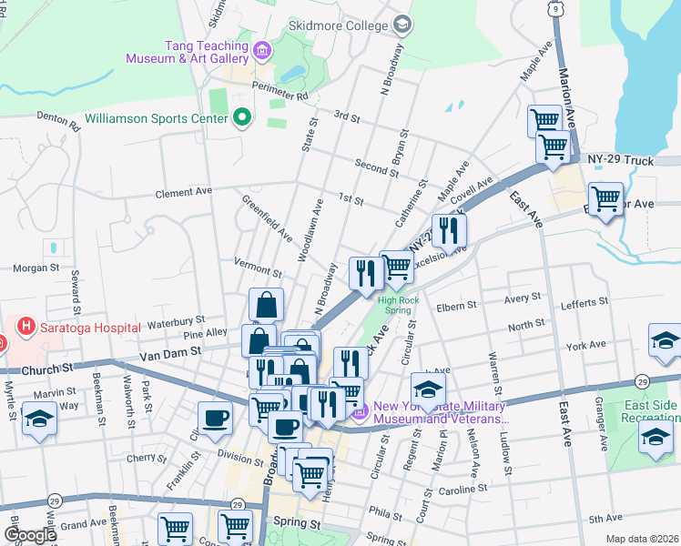 map of restaurants, bars, coffee shops, grocery stores, and more near 604 North Broadway in Saratoga Springs
