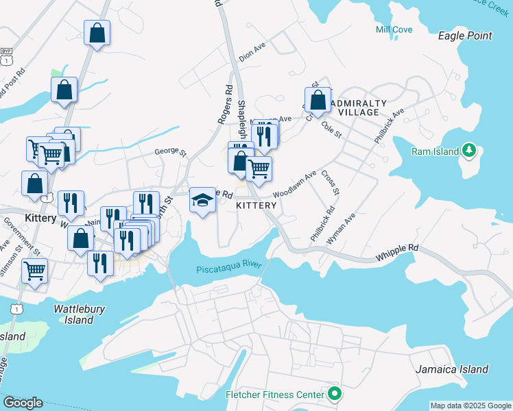 map of restaurants, bars, coffee shops, grocery stores, and more near in Kittery