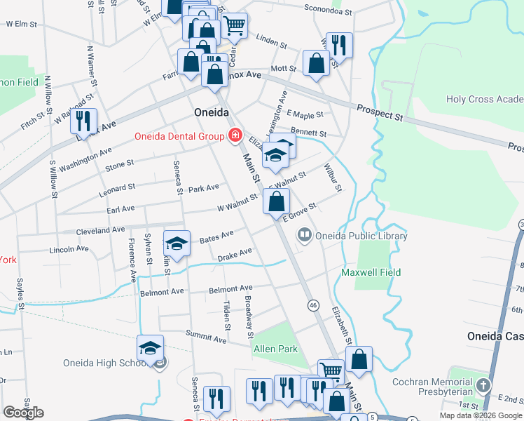 map of restaurants, bars, coffee shops, grocery stores, and more near 116 West Grove Street in Oneida
