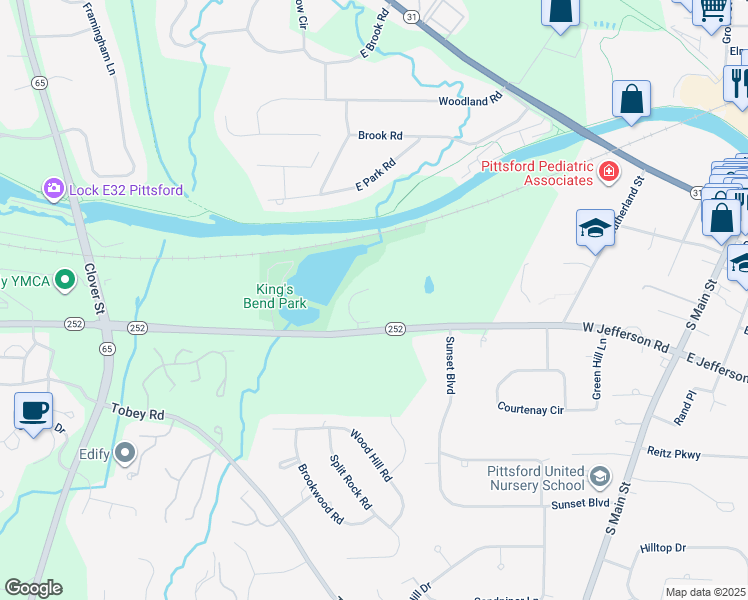 map of restaurants, bars, coffee shops, grocery stores, and more near 160 West Jefferson Road in Pittsford