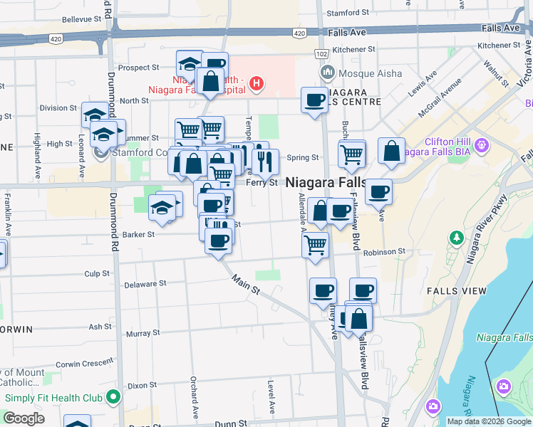 map of restaurants, bars, coffee shops, grocery stores, and more near 5973 Grey Avenue in Niagara Falls