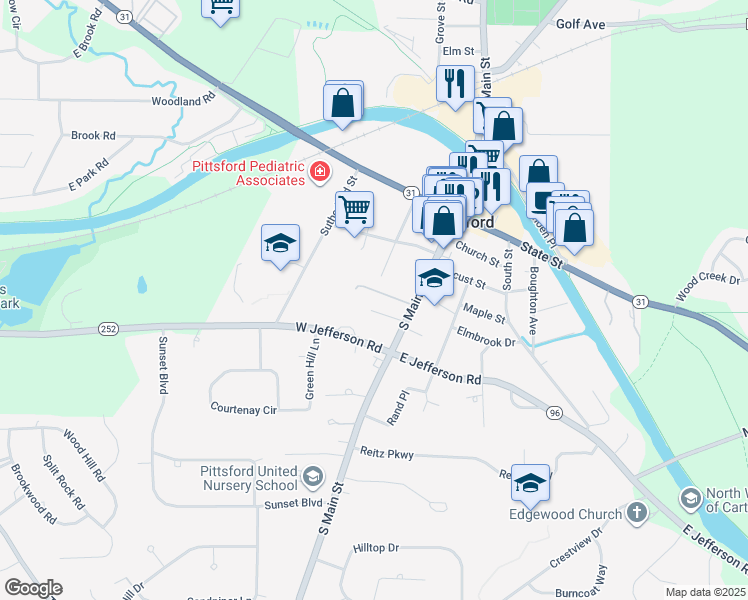 map of restaurants, bars, coffee shops, grocery stores, and more near 6 Stonegate Lane in Pittsford