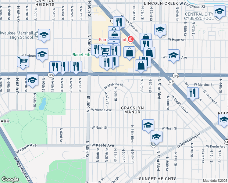 map of restaurants, bars, coffee shops, grocery stores, and more near 3852 North 57th Street in Milwaukee