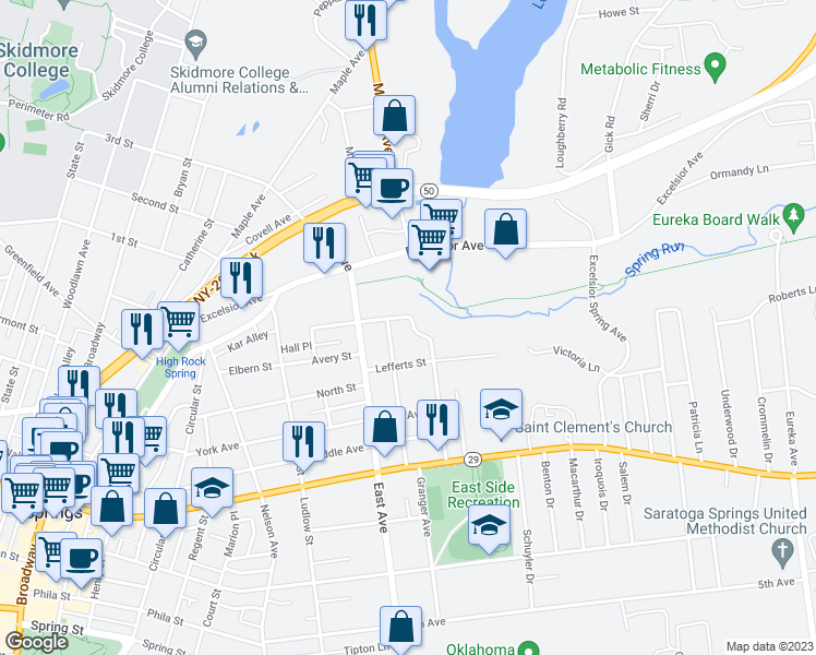 map of restaurants, bars, coffee shops, grocery stores, and more near 47 Forest Avenue in Saratoga Springs