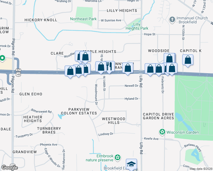 map of restaurants, bars, coffee shops, grocery stores, and more near 3860 North 144th Street in Brookfield