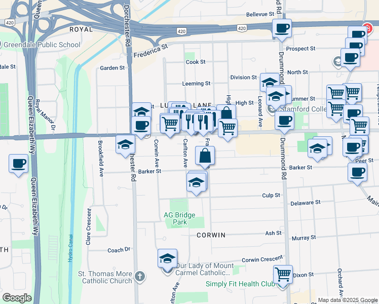 map of restaurants, bars, coffee shops, grocery stores, and more near in Niagara Falls