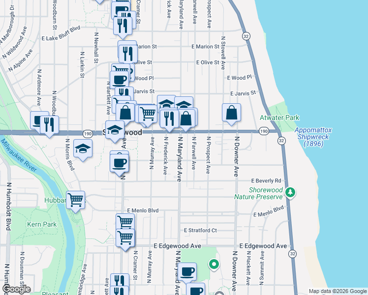 map of restaurants, bars, coffee shops, grocery stores, and more near 2208 East Shorewood Boulevard in Shorewood
