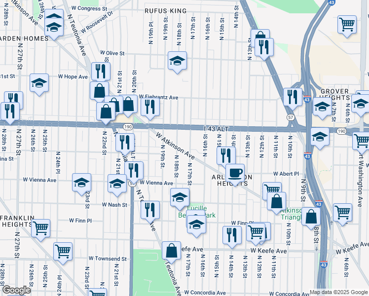 map of restaurants, bars, coffee shops, grocery stores, and more near 3872 North 18th Street in Milwaukee