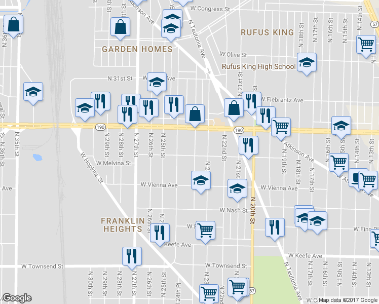 map of restaurants, bars, coffee shops, grocery stores, and more near 3864 North 24th Street in Milwaukee
