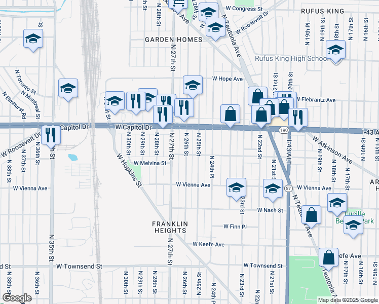 map of restaurants, bars, coffee shops, grocery stores, and more near 3863 North 25th Street in Milwaukee