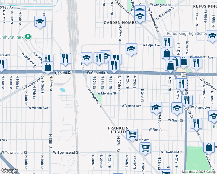map of restaurants, bars, coffee shops, grocery stores, and more near 2728 West Melvina Street in Milwaukee