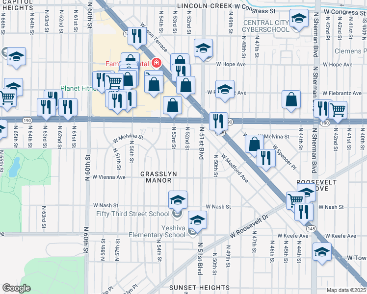 map of restaurants, bars, coffee shops, grocery stores, and more near 3856 North 52nd Street in Milwaukee