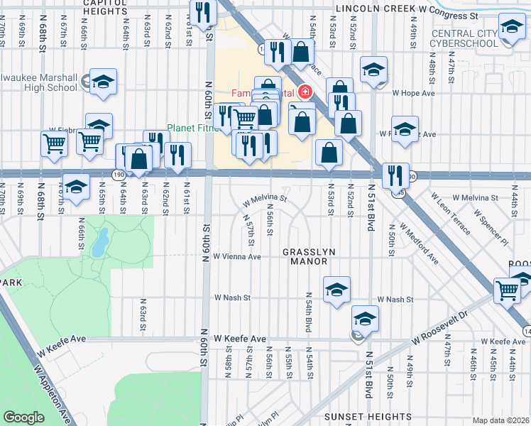 map of restaurants, bars, coffee shops, grocery stores, and more near 3852 North 57th Street in Milwaukee