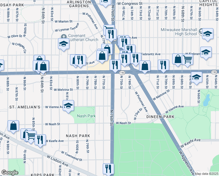 map of restaurants, bars, coffee shops, grocery stores, and more near 3860 North 77th Street in Milwaukee