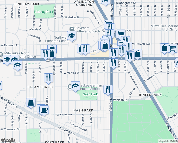 map of restaurants, bars, coffee shops, grocery stores, and more near 3861 North 79th Street in Milwaukee