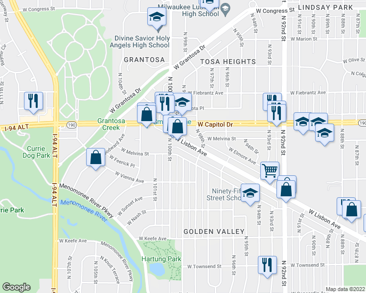map of restaurants, bars, coffee shops, grocery stores, and more near 9836 West Metcalf Place in Milwaukee