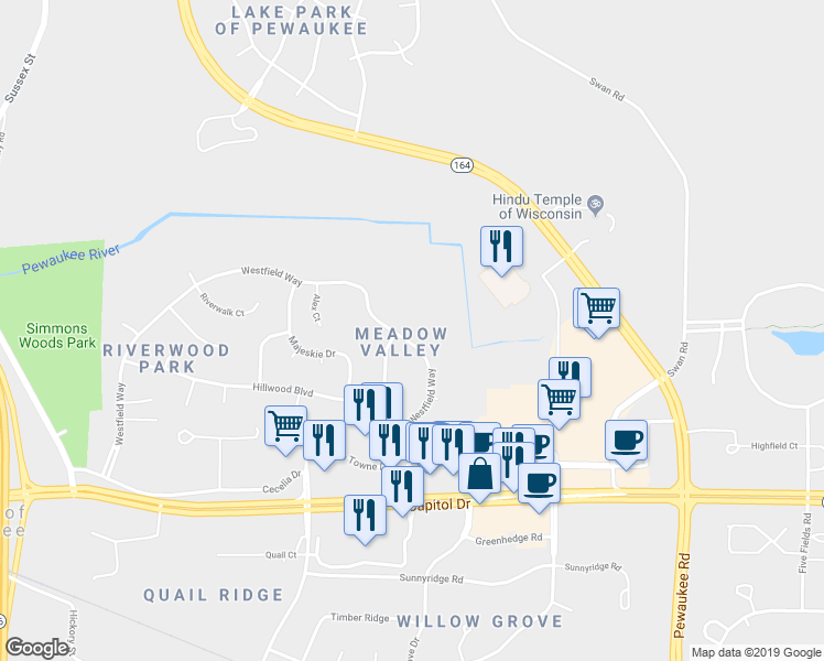 map of restaurants, bars, coffee shops, grocery stores, and more near w240n3065 Pewaukee Road in Pewaukee
