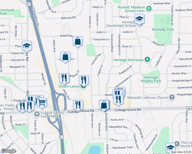 map of restaurants, bars, coffee shops, grocery stores, and more near 721 Vernon Avenue in Madison