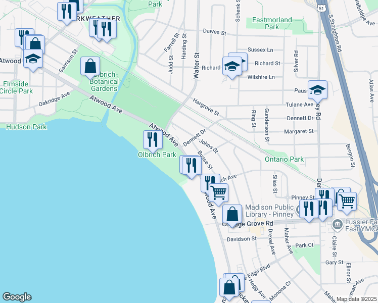 map of restaurants, bars, coffee shops, grocery stores, and more near in Madison