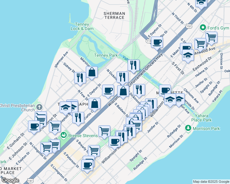 map of restaurants, bars, coffee shops, grocery stores, and more near 1301 East Washington Avenue in Madison