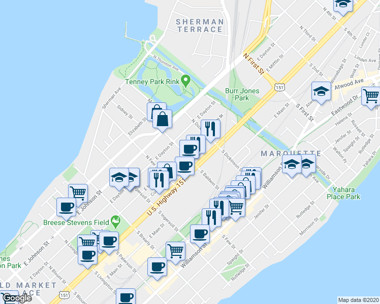 map of restaurants, bars, coffee shops, grocery stores, and more near 20 North Baldwin Street in Madison