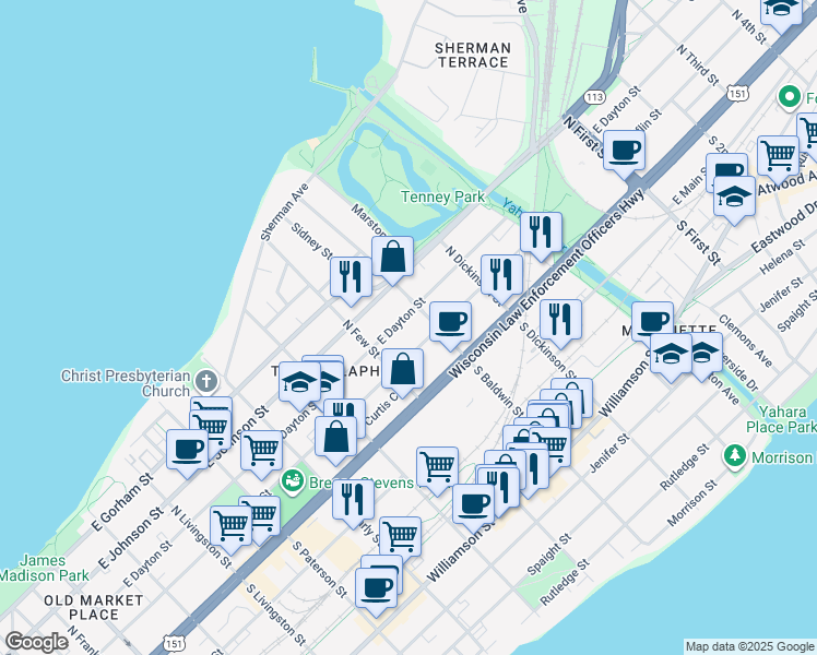 map of restaurants, bars, coffee shops, grocery stores, and more near 1220 East Mifflin Street in Madison